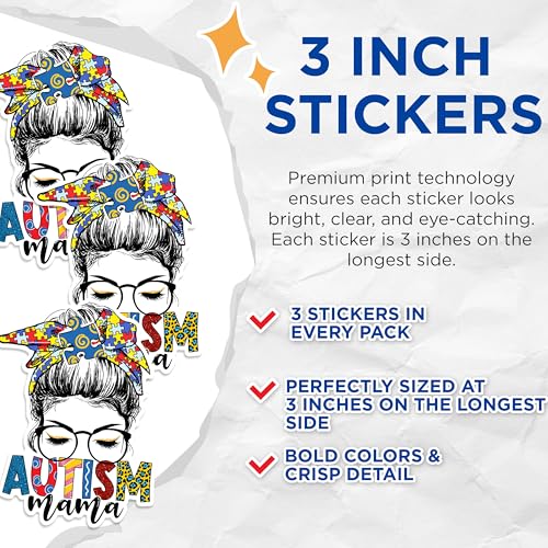 (3 Pack) Autism Mama Decals - Puzzle Piece Bandana - Autism Awareness Decal - 3 Inches On Longest Side - Easy Peel & Apply - Made in USA - 3MCS1740