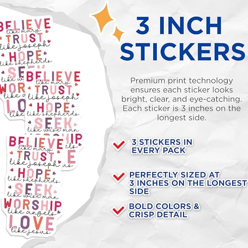 (3 Pack) Believe Like Mary Decals - Trust Like Joseph - Christian Love Hope Decals - 3 Inches On Longest Side - Easy Peel & Apply - Made in USA - 3MCS1865