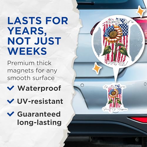 (2 Pack) Life Liberty and The Pursuit of Happiness Magnets - Patriotic Flower Decor - 5" On Longest Side - for Cars, Fridges, Toolboxes - Made in USA - MAG7866