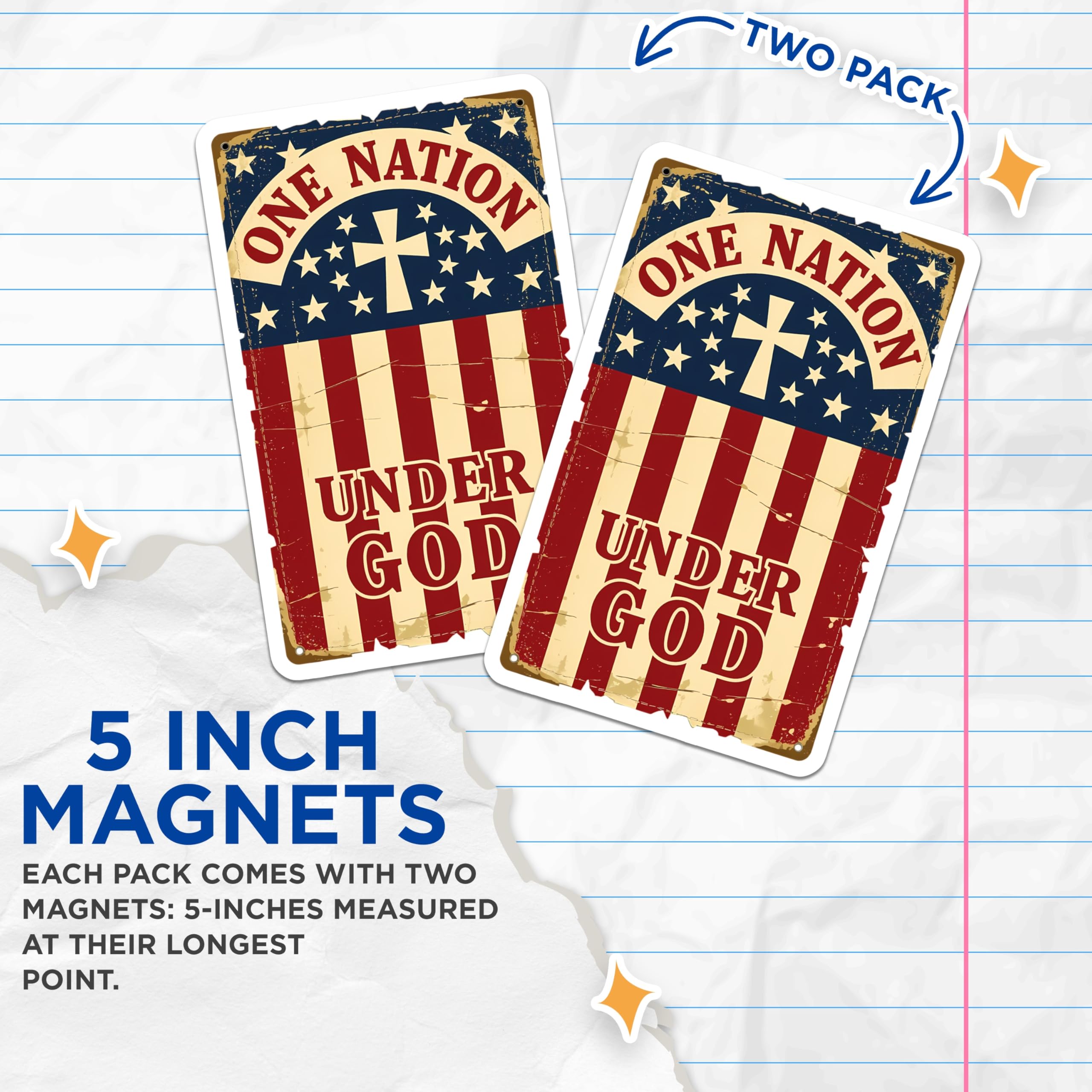 (2 Pack) One Nation Under God Magnets - American Flag Decor - Religious Faith Symbol - 5 Inches On Longest Side - Thick Durable Magnet - Made in USA - MAG20535