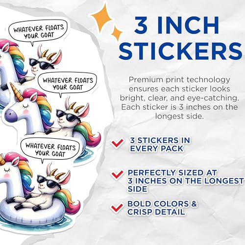 (3 Pack) Unicorn Goat Decals - Funny Whatever Floats Your Goat - Laptop Decal - 3 Inches On Longest Side - Easy Peel & Apply - Made in USA - 3MCS8450