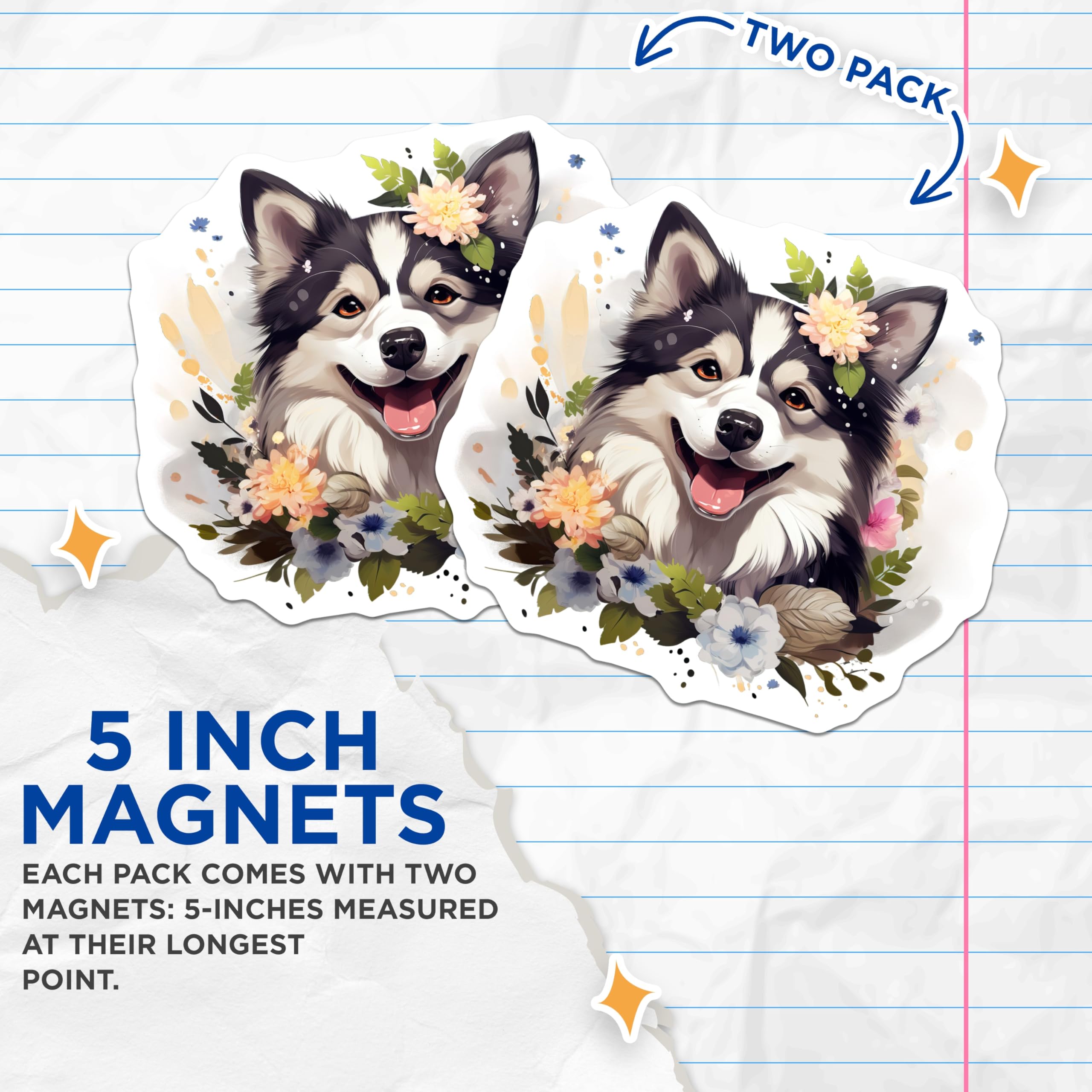 (2 Pack) Happy Watercolor Dog Magnets - Floral Puppy Art - Smiling Husky Malamute Lover Accessory - 5 Inches On Longest Side - Thick Durable Magnet - Made in USA - MAG24015