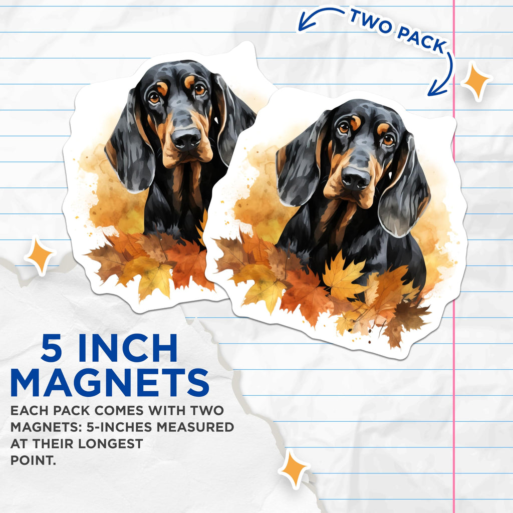 (2 Pack) Black Tan Dachshund Magnets - Autumn Leaves Dog Art - Cozy Fall Pet Decor - 5 Inches On Longest Side - Thick Durable Magnet - Made in USA - MAG25982