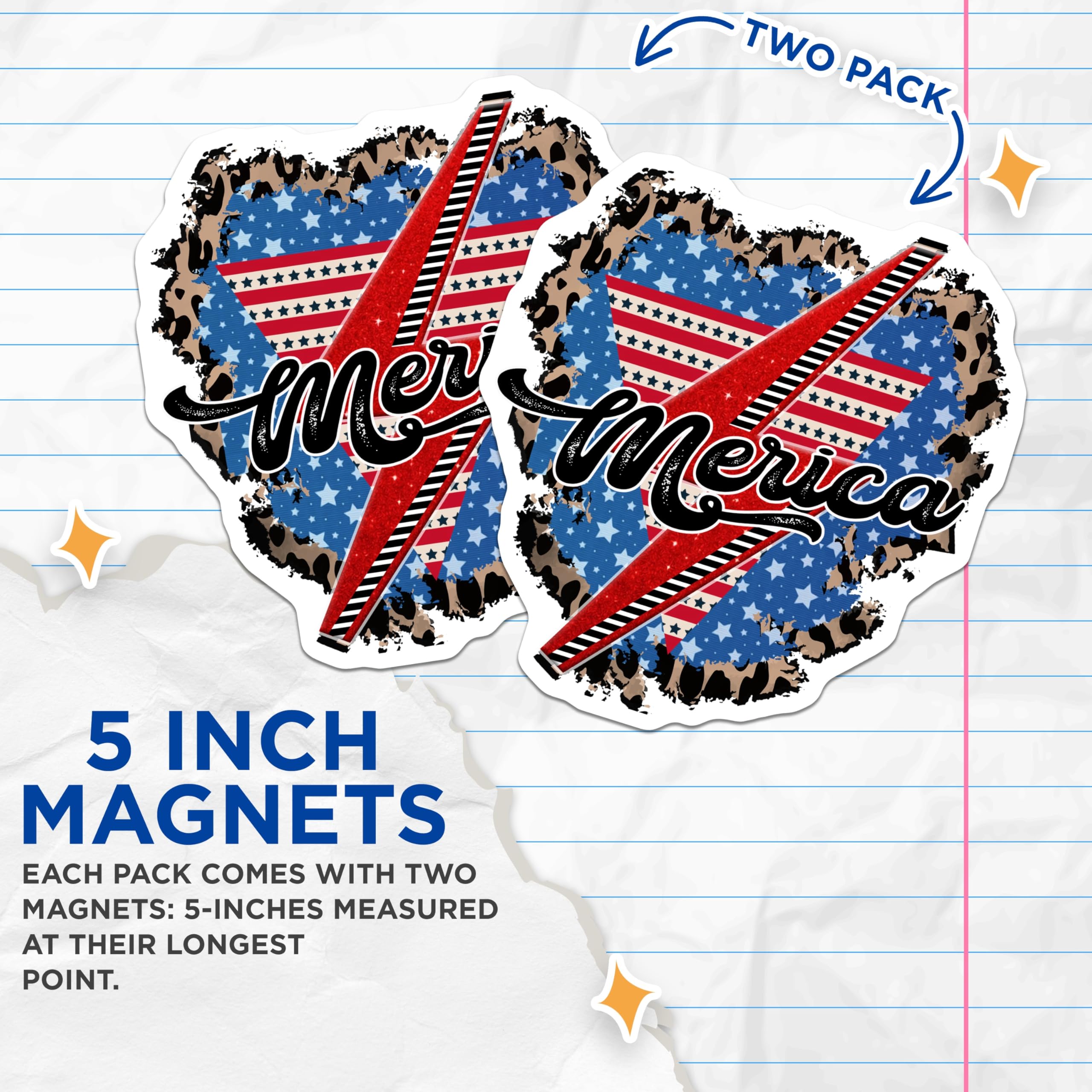 (2 Pack) Merica Patriotic Magnets - Leopard Print Lightning Bolt - USA Pride Decor - July 4th Souvenir - 5 Inches On Longest Side - Thick Durable Magnet - Made in USA - MAG27241