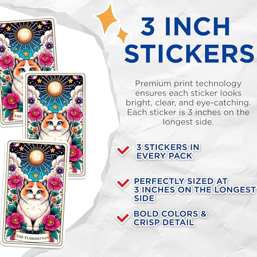 (3 Pack) Turkish Van Cat Decals - Tarot Card Decal - Laptop Decal - 3 Inches On Longest Side - Easy Peel & Apply - Made in USA - 3MCS0122