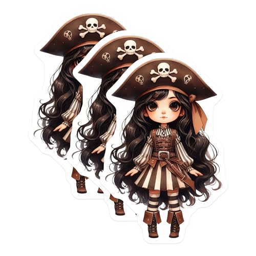(3 Pack) Anime Pirate Decals - Chibi Girl Stickers - Cute Laptop Decal - 3 Inches On Longest Side - Easy Peel & Apply - Made in USA - 3MCS6027