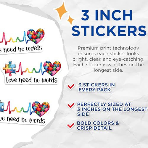 (3 Pack) Autism Awareness Decals - Love Need No Words - Puzzle Heart Decal - 3 Inches On Longest Side - Easy Peel & Apply - Made in USA - 3MCS1983