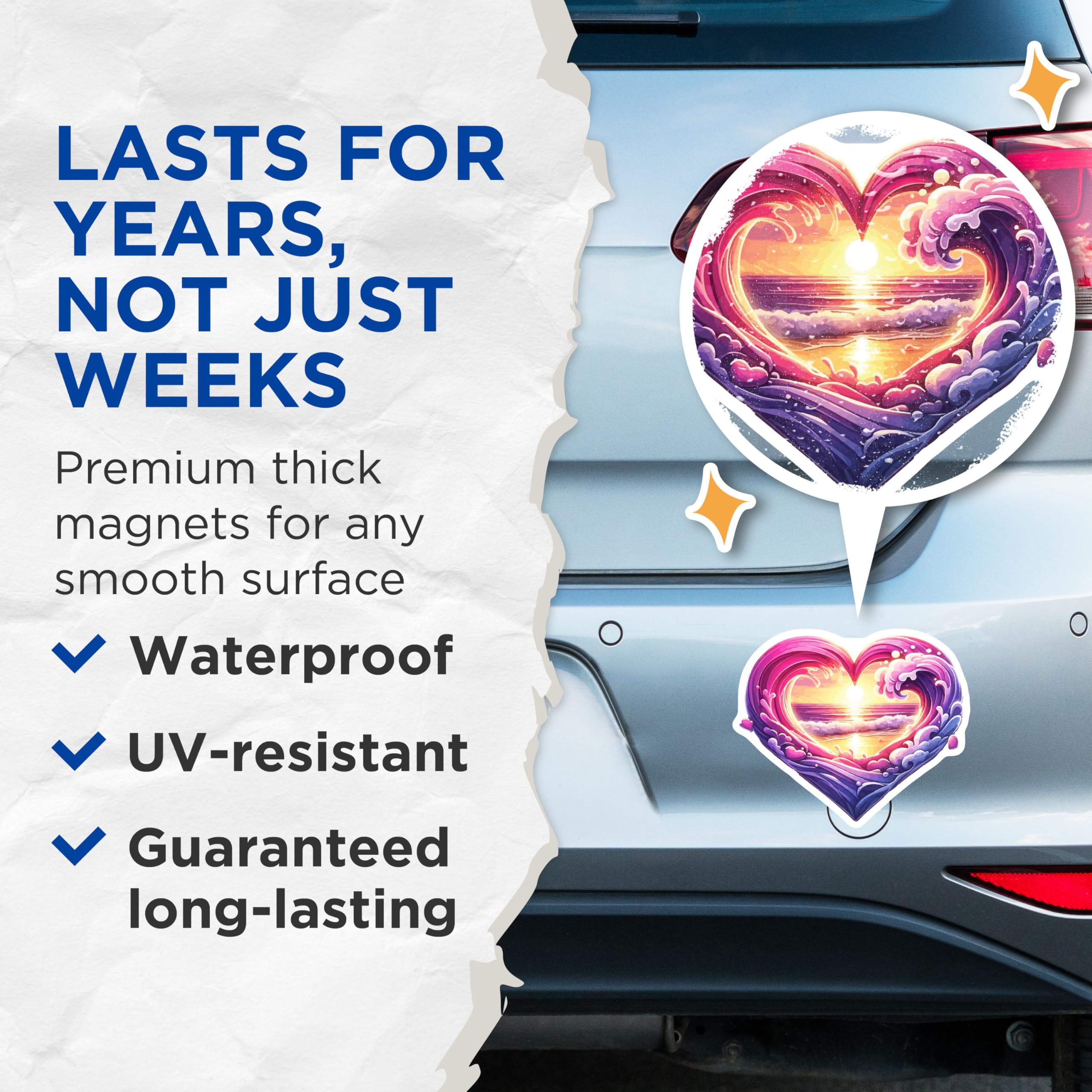 (2 Pack) Heart Ocean Sunset Magnets - Vibrant Beach Waves Art - Tropical Coastal Love Symbol Decor - 5 Inches On Longest Side - Thick Durable Magnet - Made in USA - MAG19533