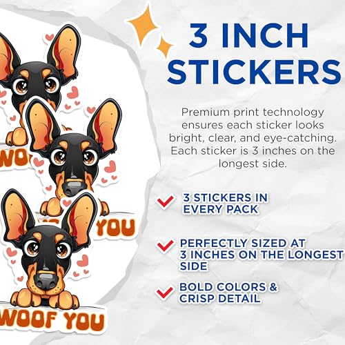 (3 Pack) Doberman Puppy Decals - I Woof You - Cute Dog Laptop Decal - 3 Inches On Longest Side - Easy Peel & Apply - Made in USA - 3MCS1400