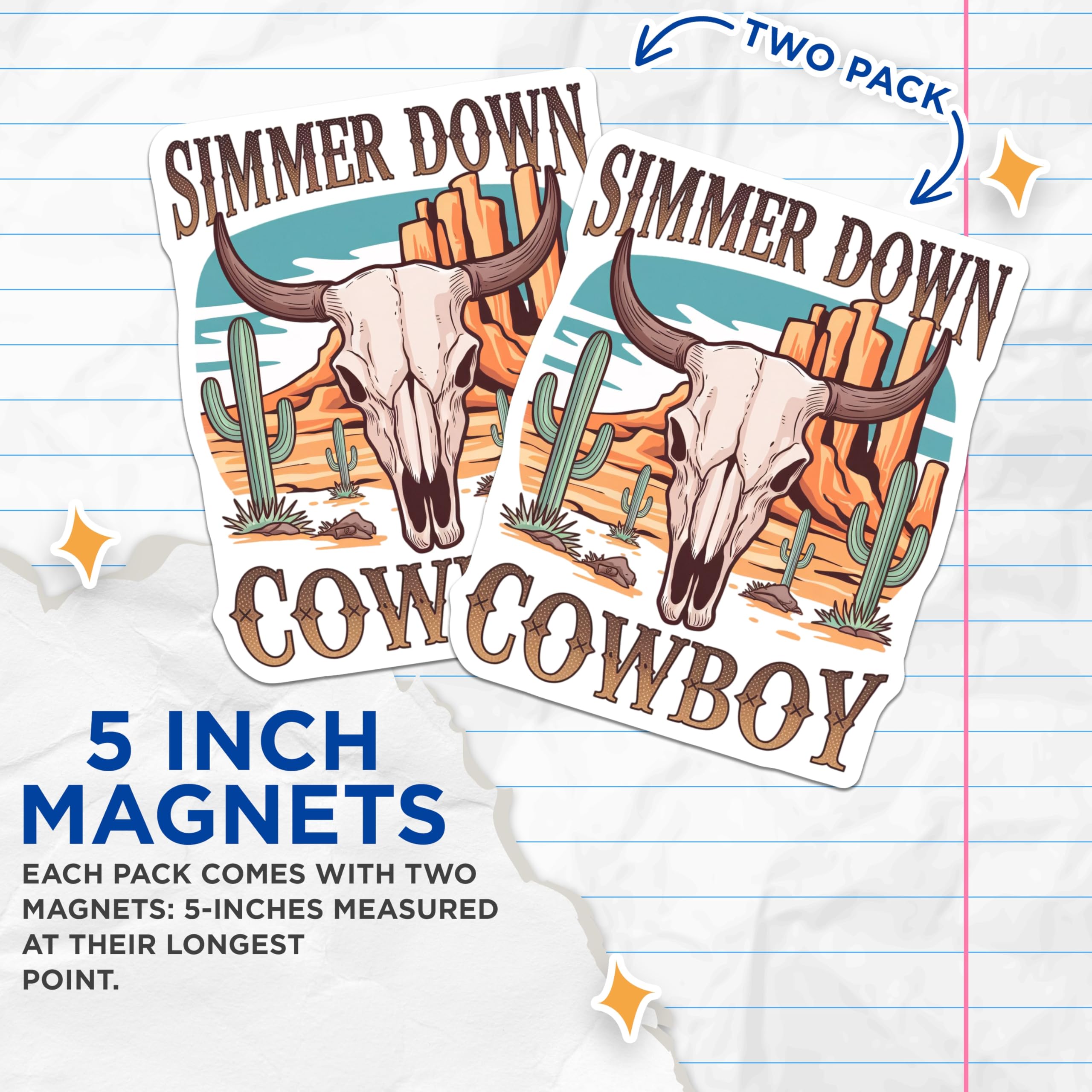 (2 Pack) Simmer Down Cowboy Magnets - Bull Skull Desert Decor - Western Steer Longhorn Art - 5 Inches On Longest Side - Thick Durable Magnet - Made in USA - MAG20804