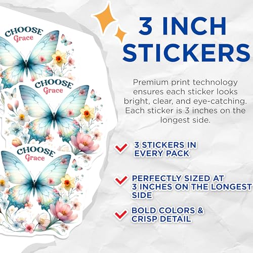(3 Pack) Butterfly Decals - Choose Grace - Floral Laptop Decal - 3 Inches On Longest Side - Easy Peel & Apply - Made in USA - 3MCS0071
