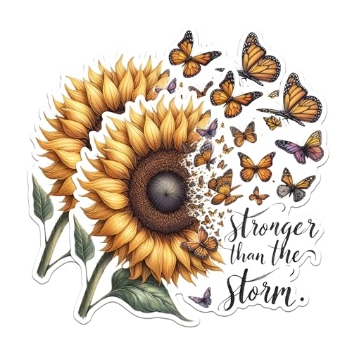 (2 Pack) Motivational Sunflower Stickers - Sunflower Butterfly - Stronger Than The Storm - 5" On Longest Side - Sticks to Any Smooth Flat Surface - Made in USA - BMCS2903
