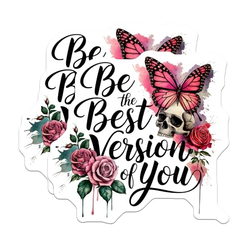 (2 Pack) Be The Best Version of You Stickers - Inspirational Skull Stickers - Motivational Rose Stickers with Butterfly - 5" On Longest Side - Sticks to Smooth Flat Surfaces - Made in USA - BMCS4826