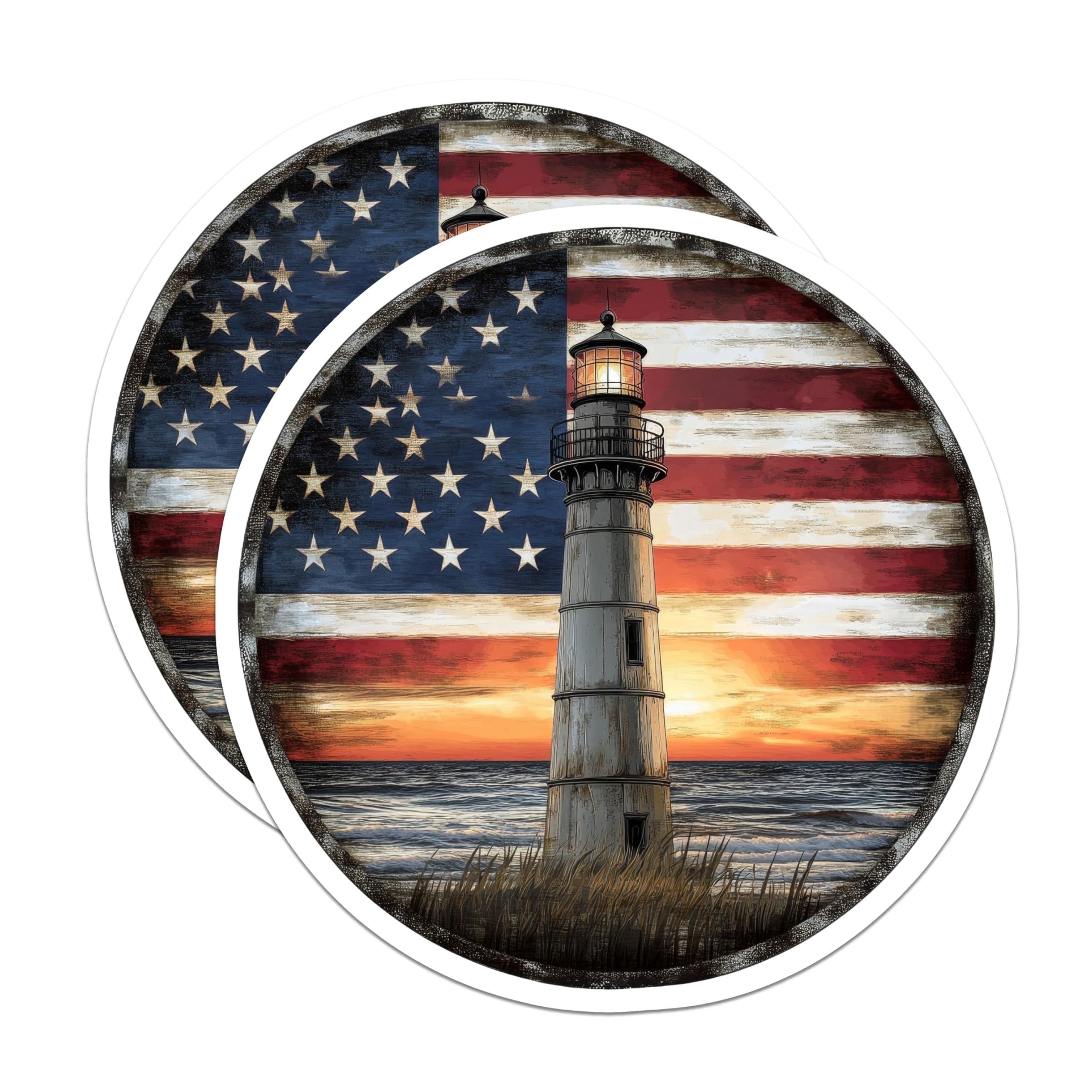 (2 Pack) American Flag Lighthouse Stickers - Coastal Sunset Stickers - Nautical Patriotic Stickers - 5" On Longest Side - Sticks to Smooth Flat Surfaces - Made in USA - BMCS9432