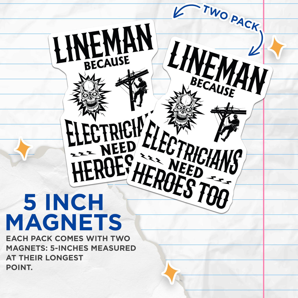 (2 Pack) Lineman Magnets - Electrician Heroes - Power Pole Work - Skull Lightning Design - 5 Inches On Longest Side - Thick Durable Magnet - Made in USA - MAG20815
