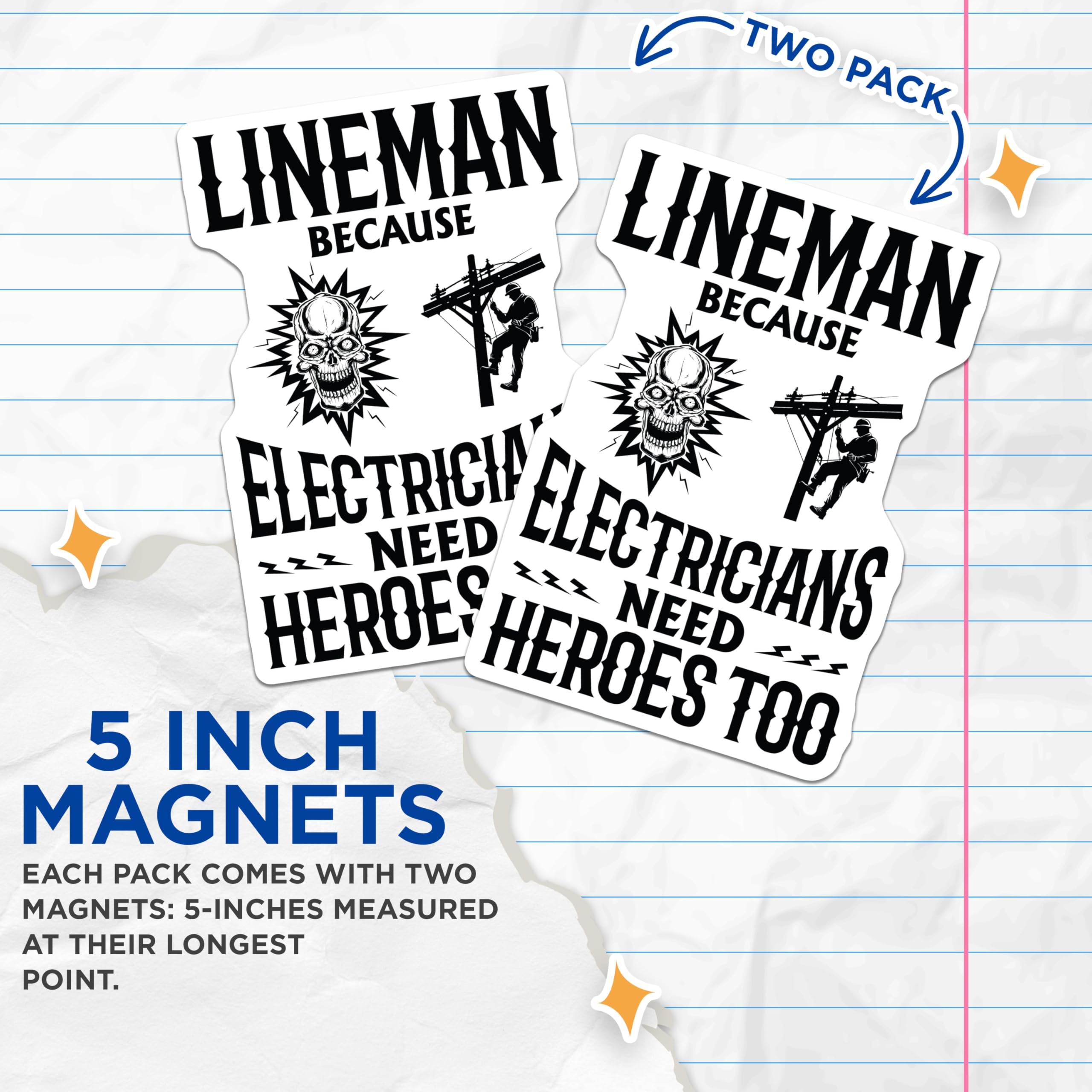 (2 Pack) Lineman Magnets - Electrician Heroes - Power Pole Work - Skull Lightning Design - 5 Inches On Longest Side - Thick Durable Magnet - Made in USA - MAG20815