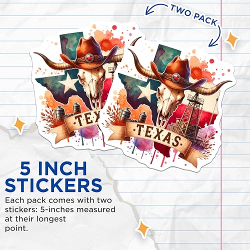 (2 Pack) Texas Stickers - Western Theme - Cow Skull Art - Texas Pride - Texan Culture - Lone Star State Decals - 5" On Longest Side - Sticks to Smooth Flat Surfaces - Made in USA - BMCS6417