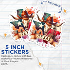 (2 Pack) Texas Stickers - Western Theme - Cow Skull Art - Texas Pride - Texan Culture - Lone Star State Decals - 5" On Longest Side - Sticks to Smooth Flat Surfaces - Made in USA - BMCS6417