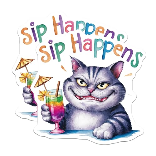 (2 Pack) Sip Happens Magnets Magnets - Funny Cat Magnet - Party Theme Magnet Decorations for Fridge and Office - 5" On Longest Side - Made in USA - Sticks to Refrigerators & Metal Surfaces - MAG8555