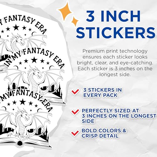 (3 Pack) Fantasy Dragon Decals - Book Decals - Mythical Creatures - 3 Inches On Longest Side - Easy Peel & Apply - Made in USA - 3MCS1419