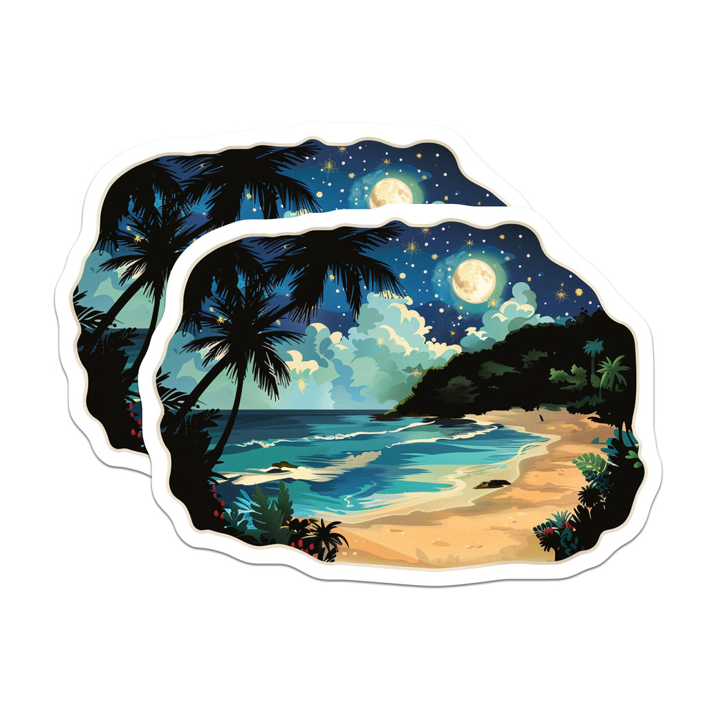 (2 Pack) Moonlit Beach Magnets - Tropical Night Scene - Starry Palm Tree Decor for Fridge Locker - 5 Inches On Longest Side - Thick Durable Magnet - Made in USA - MAG39147