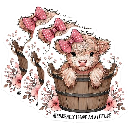 (3 Pack) Highland Cow Decals - Attitude Cow Decal - Cute Cow Laptop Decal - 3 Inches On Longest Side - Easy Peel & Apply - Made in USA - 3MCS4489