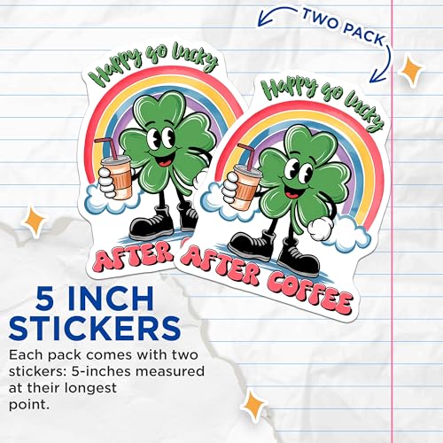(2 Pack) Happy Go Lucky Stickers - After Coffee - Rainbow Clover - 5" On Longest Side - Sticks to Smooth Flat Surfaces - Made in USA - BMCS8402