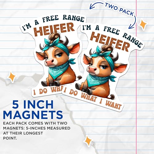 (2 Pack) Free Range Heifer Magnets - Cow Cartoon Characters - Farm Animal ation - Cute Animal Magnets - 5" On Longest Side - for Cars, Fridges, Toolboxes - Made in USA - MAG3776