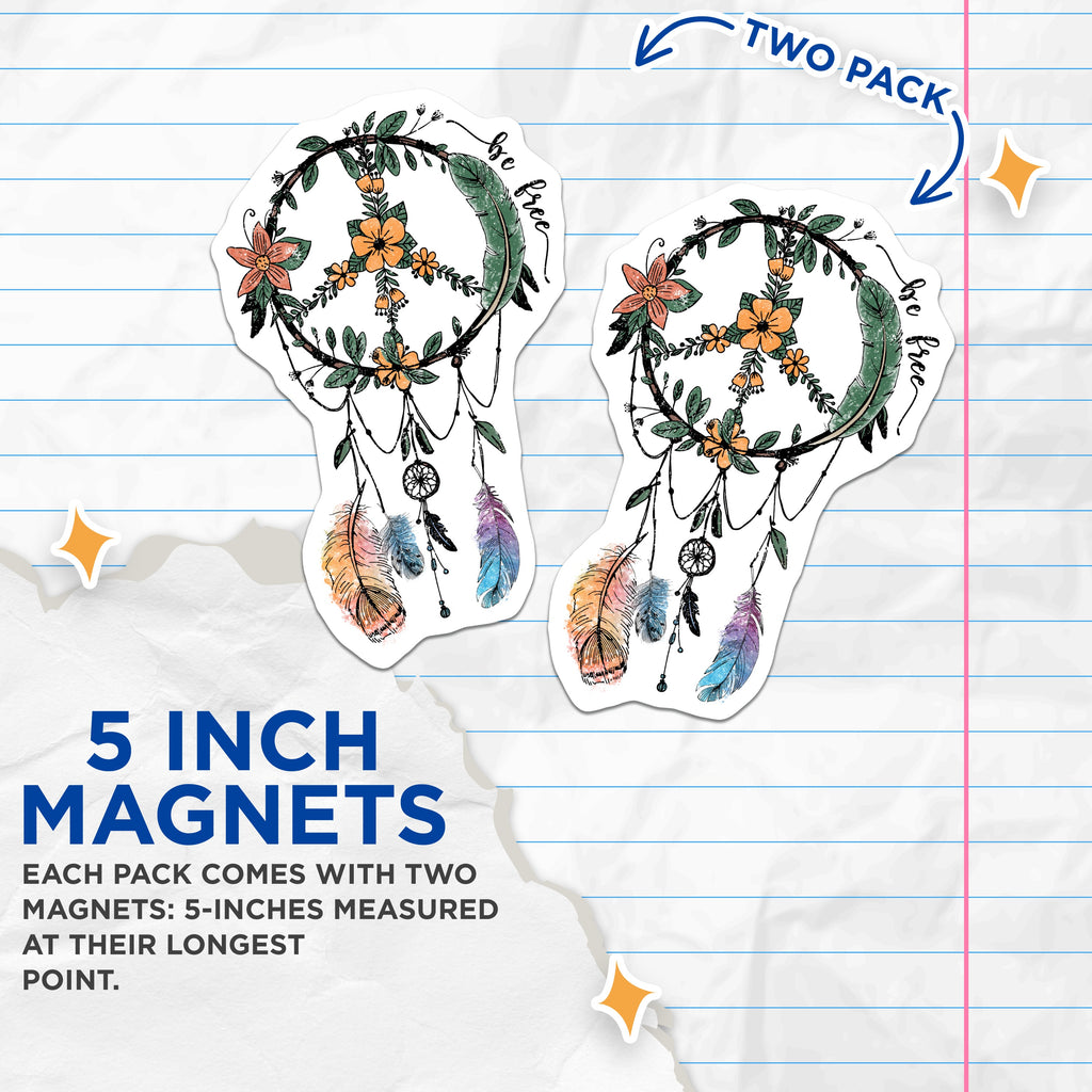 (2 Pack) Boho Peace Sign Magnets - Dreamcatcher Feathers - Free Spirit Aesthetic Decor - 5 Inches On Longest Side - Thick Durable Magnet - Made in USA - MAG36808