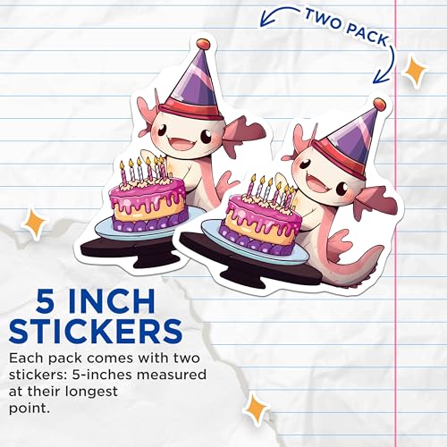 (2 Pack) Cute Axolotl Birthday Stickers - Party Hat - Cake Celebration - 5" On Longest Side - Sticks to Smooth Flat Surfaces - Made in USA - BMCS7778