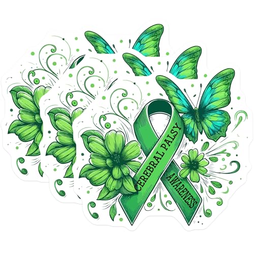 (3 Pack) Cerebral Palsy Awareness Decals - Green Ribbon Butterfly - Laptop Decal - 3 Inches On Longest Side - Easy Peel & Apply - Made in USA - 3MCS4769