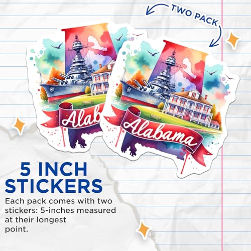(2 Pack) Alabama Stickers - Adventure Travel Decal - State Pride Souvenir - Ship and Historic House Design - 5" On Longest Side - Sticks to Smooth Flat Surfaces - Made in USA - BMCS6658