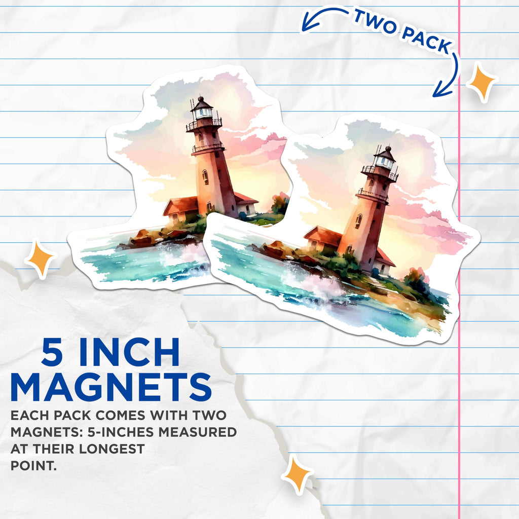 (2 Pack) Lighthouse Magnets - Coastal Beach House Decor - Watercolor Ocean Art - Nautical Home Accent - 5 Inches On Longest Side - Thick Durable Magnet - Made in USA - MAG19990