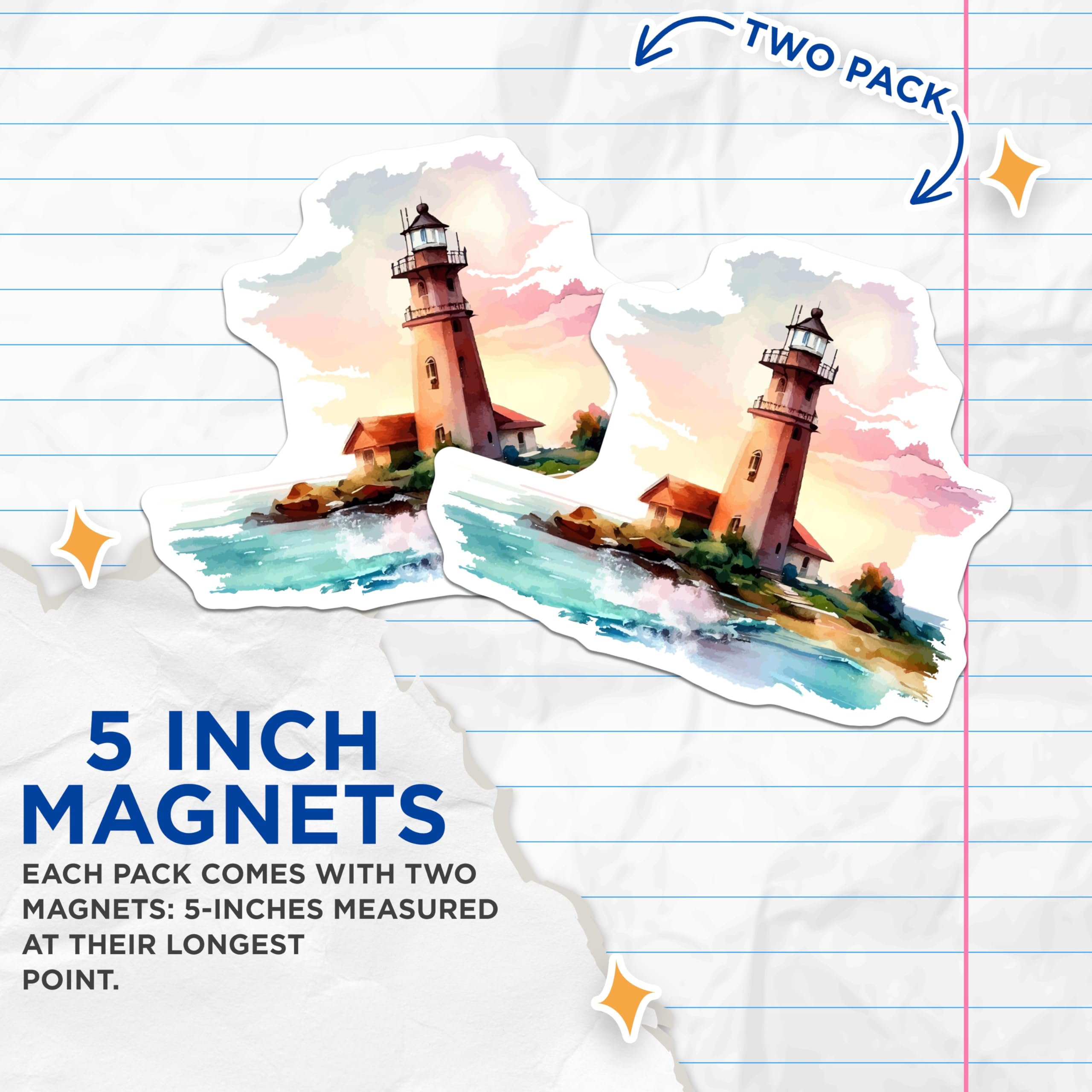 (2 Pack) Lighthouse Magnets - Coastal Beach House Decor - Watercolor Ocean Art - Nautical Home Accent - 5 Inches On Longest Side - Thick Durable Magnet - Made in USA - MAG19990