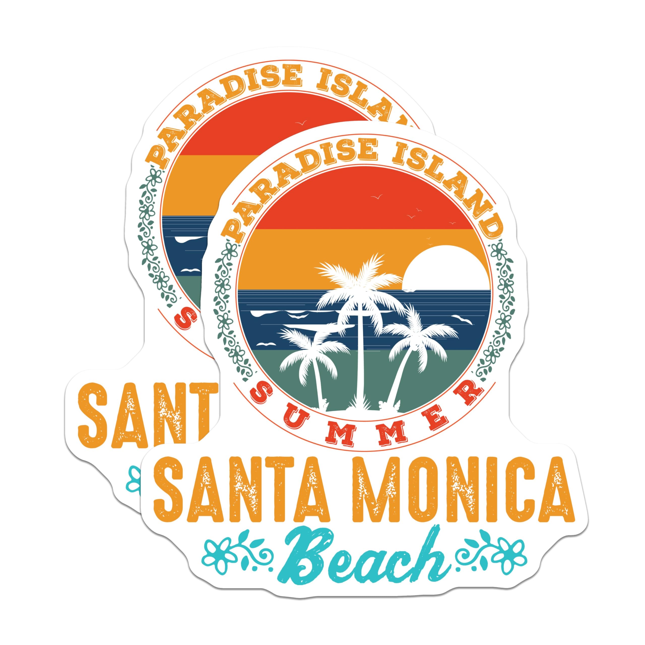 (2 Pack) Paradise Island Stickers - Santa Monica Beach Stickers - Summer Vacation Stickers - 5" On Longest Side - Sticks to Smooth Flat Surfaces - Made in USA - BMCS5246