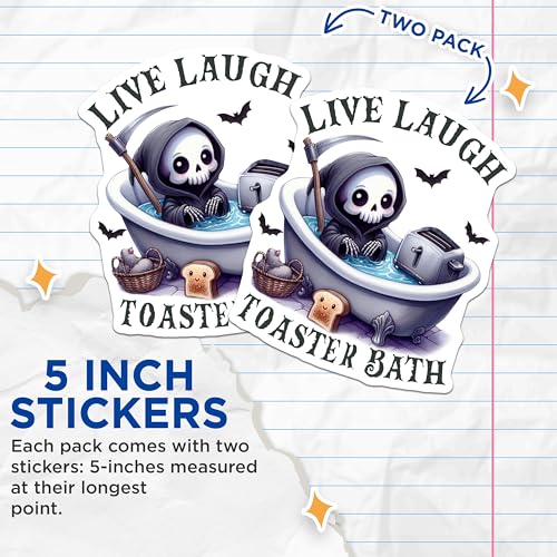 (2 Pack) Live Laugh Toaster Bath Stickers - Grim Reaper Bathtub Sticker - Funny Kitchen Decor Sticker - 5" On Longest Side - Sticks to Smooth Flat Surfaces - Made in USA - BMCS5945