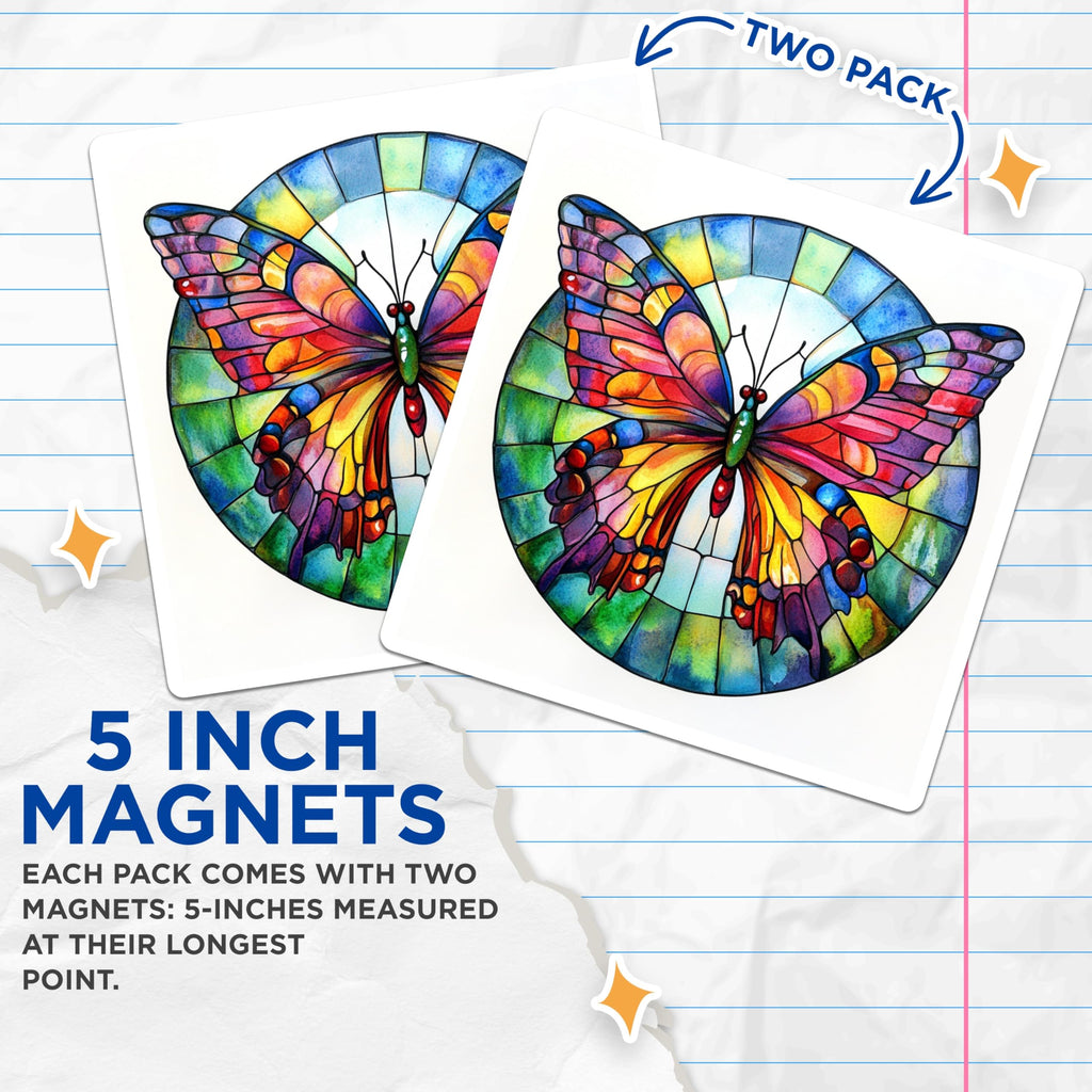 (2 Pack) Stained Glass Butterfly Magnets - Colorful Fridge Decor - Nature Inspired Home Accent - 5 Inches On Longest Side - Thick Durable Magnet - Made in USA - MAG26791