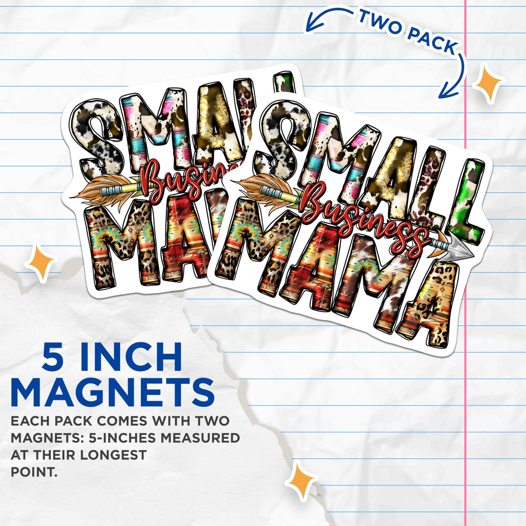 (2 Pack) Small Business Mama Magnets - Western Entrepreneur Decor - Boho Cowhide Fridge Display - 5 Inches On Longest Side - Thick Durable Magnet - Made in USA - MAG24730