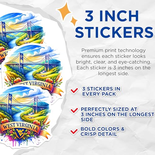 (3 Pack) West Virginia Decals - State Pride Sticker - Laptop Decal- 3 Inches On Longest Side - Easy Peel & Apply - Made in USA - 3MCS5211