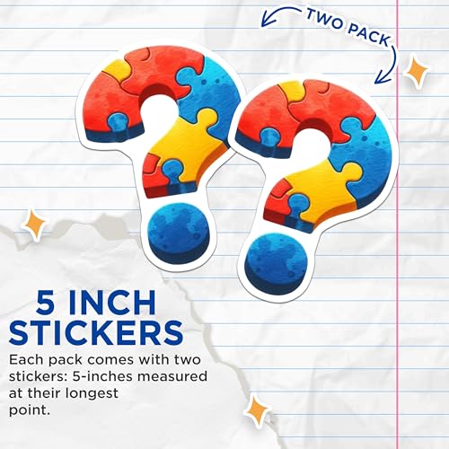 (2 Pack) Colorful Puzzle Question Mark Stickers - Puzzle Piece Design - Mystery Theme - 5" On Longest Side - Sticks to Smooth Flat Surfaces - Made in USA - BMCS7146