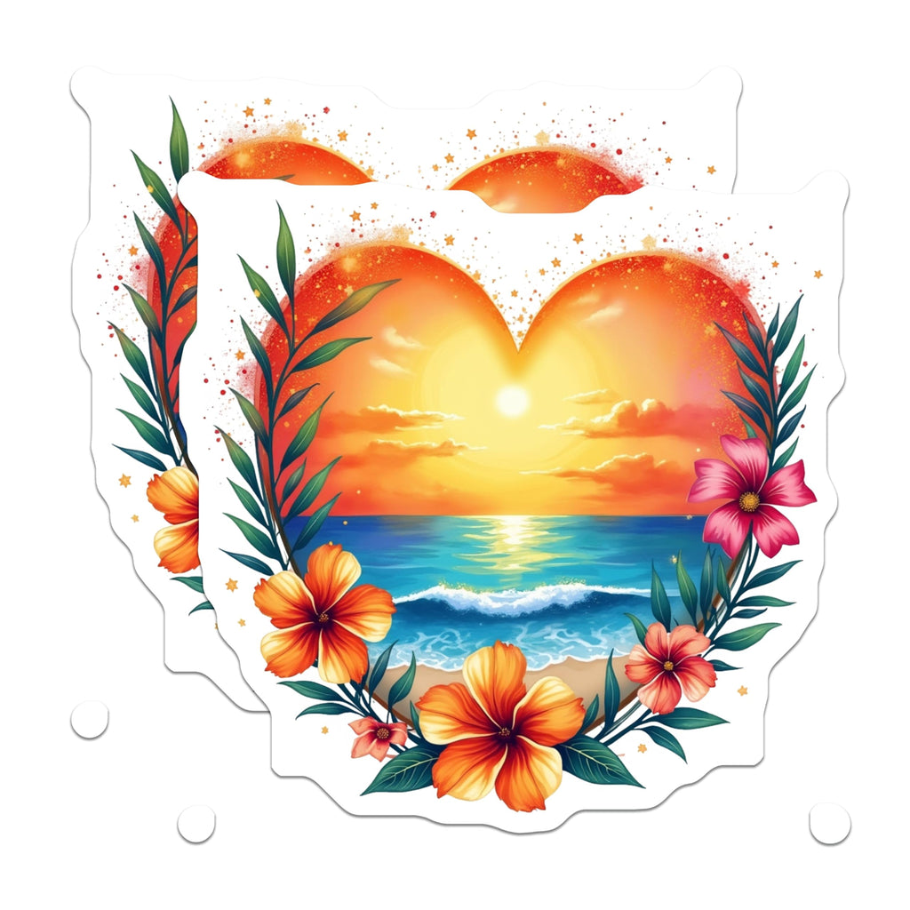 (2 Pack) Tropical Sunset Heart Magnets - Beach Ocean Decor - Hawaiian Floral Theme - 5 Inches On Longest Side - Thick Durable Magnet - Made in USA - MAG26622
