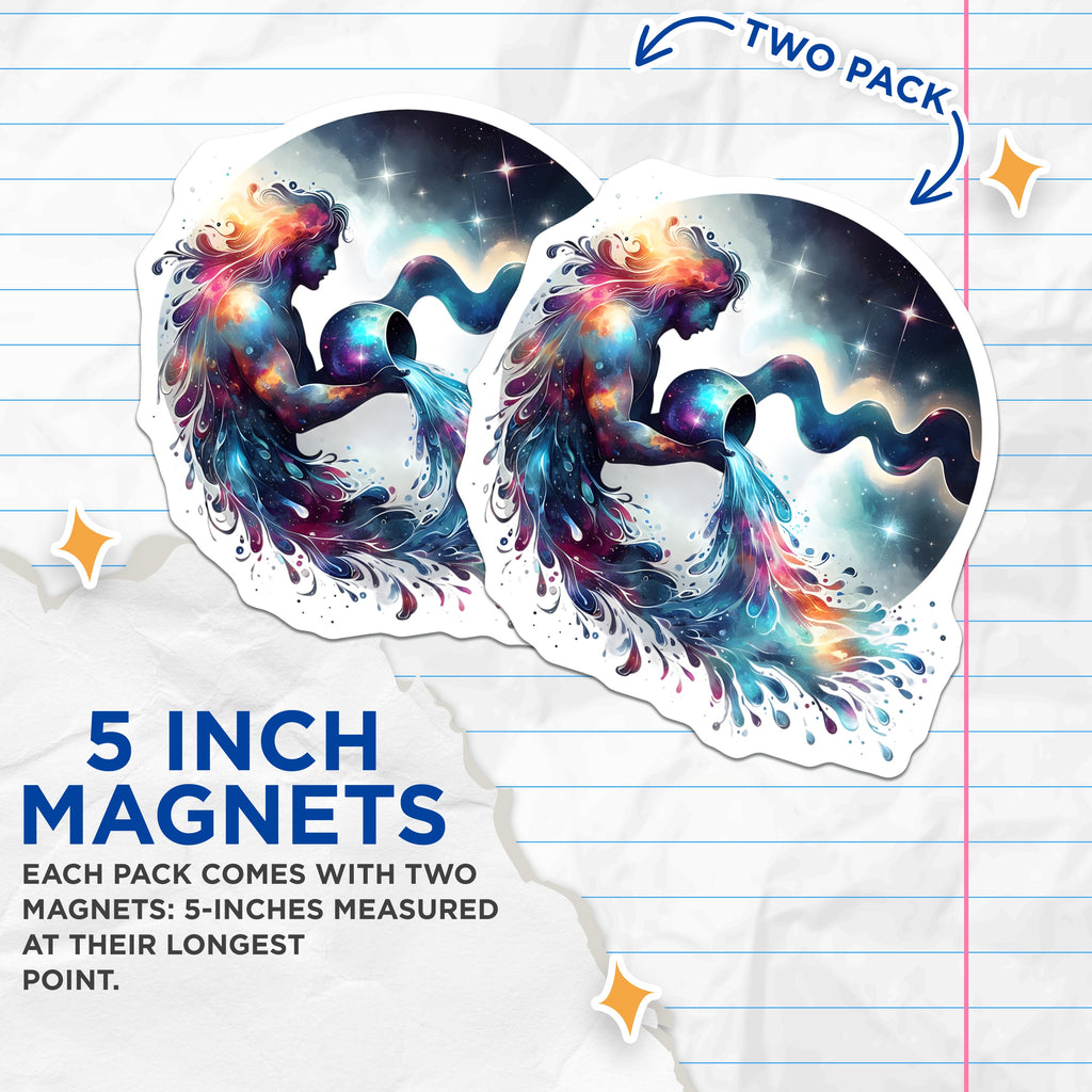 (2 Pack) Aquarius Zodiac Magnets - Cosmic Water Bearer - Celestial Astrology Decor - 5 Inches On Longest Side - Thick Durable Magnet - Made in USA - MAG38556