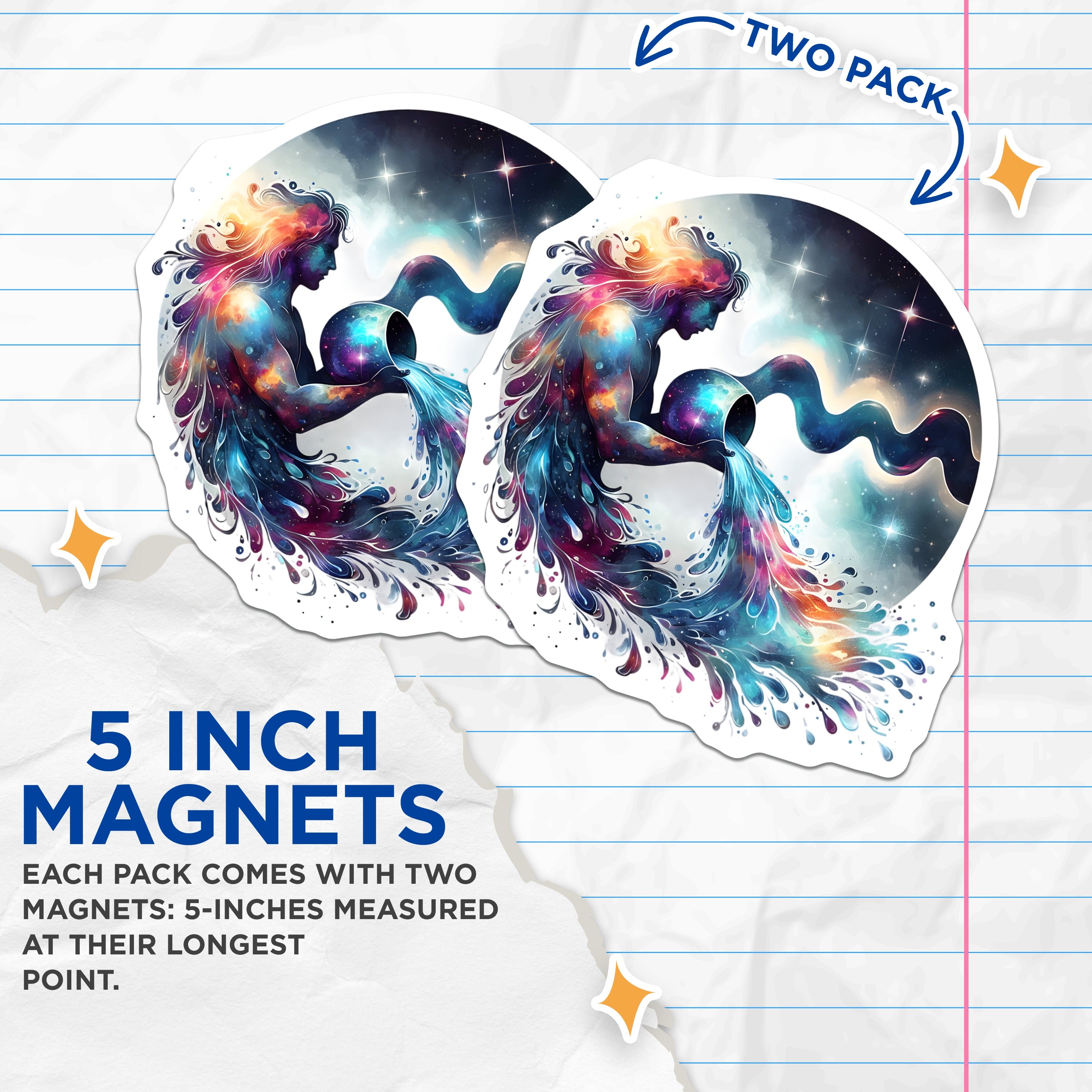 (2 Pack) Aquarius Zodiac Magnets - Cosmic Water Bearer - Celestial Astrology Decor - 5 Inches On Longest Side - Thick Durable Magnet - Made in USA - MAG38556