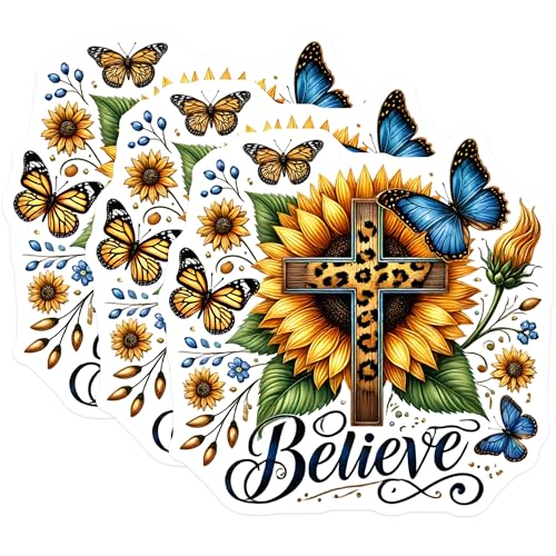 (3 Pack) Sunflower Cross Decals - Leopard Christian Decor - Believe Butterfly Art - 3 Inches On Longest Side - Easy Peel & Apply - Made in USA - 3MCS6642