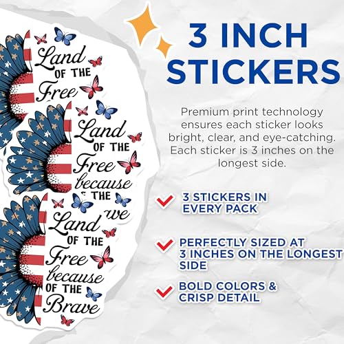 (3 Pack) Patriotic Decals - Sunflower American Flag - Land of The Free - Car Decal - 3 Inches On Longest Side - Easy Peel & Apply - Made in USA - 3MCS7119