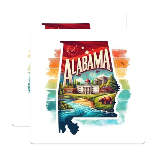 (2 Pack) Alabama State Stickers - Retro Travel Stickers - Scenic Alabama Decal - 5" On Longest Side - Sticks to Smooth Flat Surfaces - Made in USA - BMCS4746