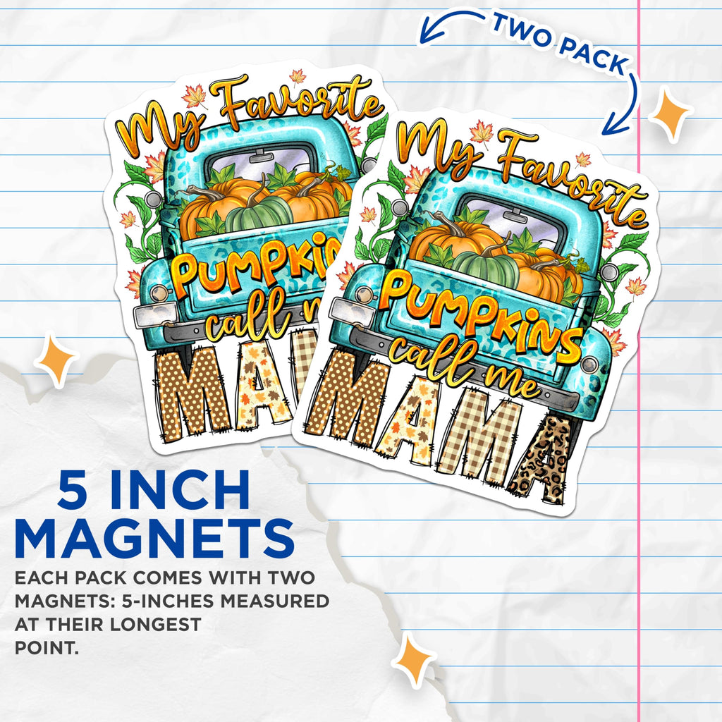 (2 Pack) Mama Fall Magnets - Pumpkin Truck Autumn Decor - Leopard Print Mama - Rustic Fridge Magnets - 5 Inches On Longest Side - Thick Durable Magnet - Made in USA - MAG30936