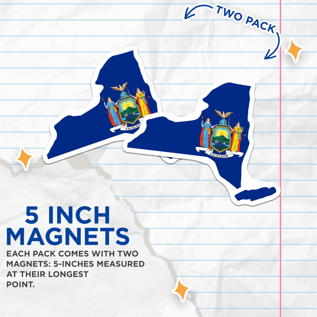 (2 Pack) New York State Map Magnets - NY Flag Souvenir - Empire State Pride Decor - 5 Inches On Longest Side - Thick Durable Magnet - Made in USA - MAG20590
