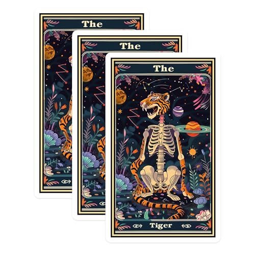 (3 Pack) Tiger Skeleton Decals - Tarot Card Stickers - Celestial Decal Art - 3 Inches On Longest Side - Easy Peel & Apply - Made in USA - 3MCS2414