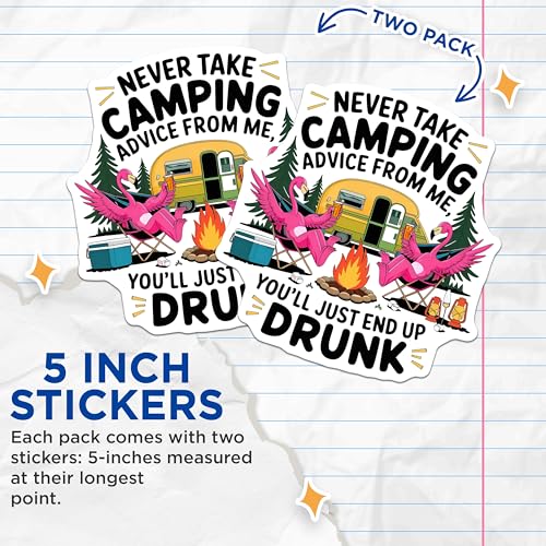 (2 Pack) Funny Camping Stickers - Flamingo Campfire Humor - Outdoor Adventure Stickers for Coolers and RVs - 5" On Longest Side - Sticks to Smooth Flat Surfaces - Made in USA - BMCS6859